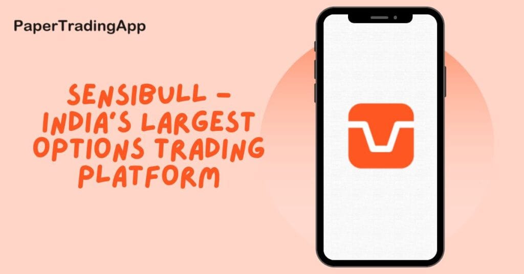 Mobile phone displaying Sensibull logo with text 'Sensibull - India's Largest Options Trading Platform' on a gradient background.